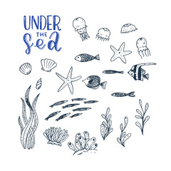 Set of hand drawn marine doodles. Vector nautical sketch style illustrations.