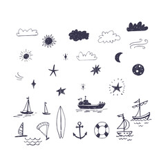 Set of hand drawn marine doodles. Nautical sketches of boats, ships, stars, clouds, sun and full moon. Great for photo overlays