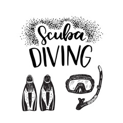 Hand lettering inscription Scuba Diving and illustrations of diving mask, tube and paddles in sketch style. Summer poster, card, flyer