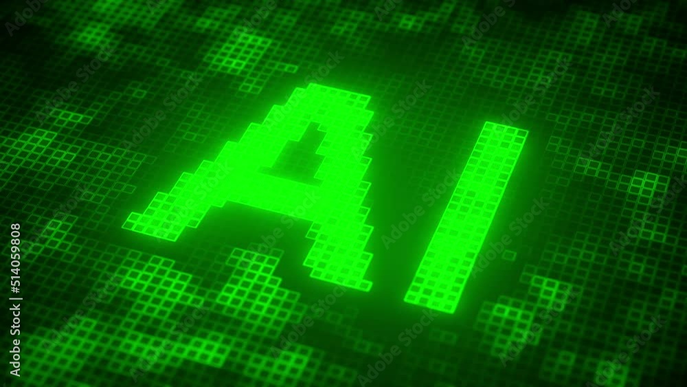 Poster ai text made of pixels on the screen, 3d animation