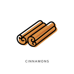 Rolled sticks of cinnamon. Aromatic spice. Condiment for dishes.