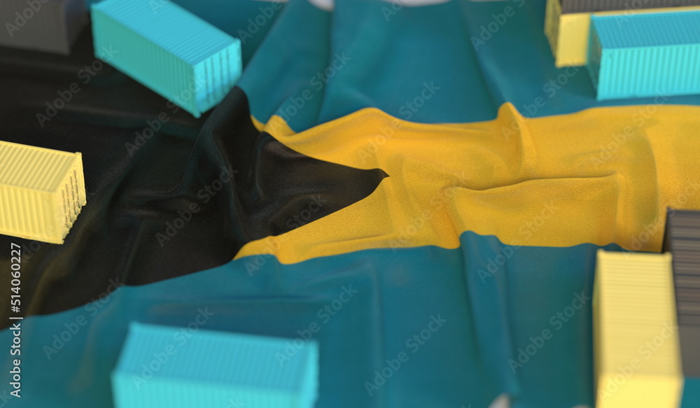 Poster flag of bahamas and small cargo containers, export or import related 3d rendering