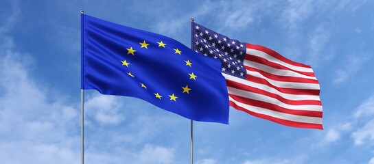 Flags of the European Union and United States on flagpoles in the center. Flags fluttering in the wind against a blue sky. USA. EU. 3d illustration. - obrazy, fototapety, plakaty