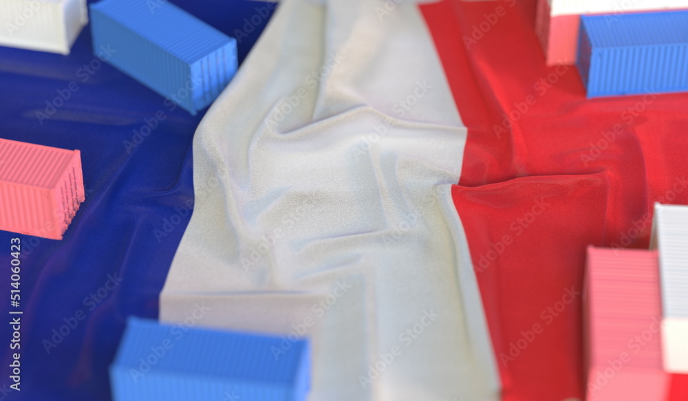 Poster flag of france and small cargo containers, export or import related 3d rendering