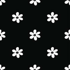 Black and white happy daisy pattern. Vector seamless pattern.
