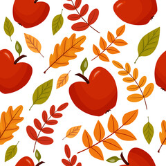 Fototapeta premium Cartoon seamless autumn pattern with leaves and apples. Beautiful texture for textile, paper print, scrapbooking or wallpaper. Vector illustration.