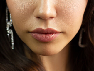 Closeup plump Lips. Lip Care, Augmentation, Fillers. Macro photo with Face detail. Natural shape with perfect contour. Close-up perfect natural lip makeup beautiful female mouth. Plump sexy full lips