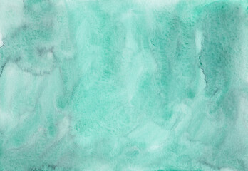 Watercolor light sea green background texture. Stains on paper, hand painted.