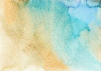Watercolor pastel yellow and blue background texture. Light beige and turquoise stains on paper, hand painted.