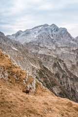 Fototapeta premium Hiking in the high mountains in the Julian Alps in Slovenia. 