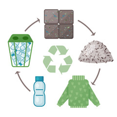Plastic products recycling process infographic. Vector illustration. Cartoon style. Isolated on white.