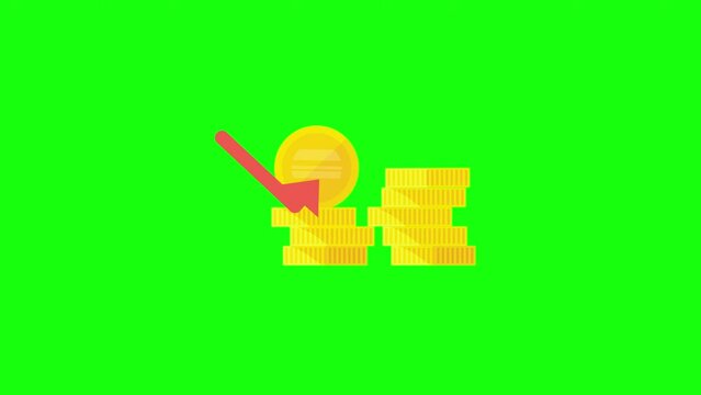 4k video of cartoon coins and arrow down on green background.