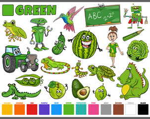 set with cartoon characters and objects in green