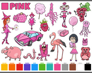 set with cartoon characters and objects in pink