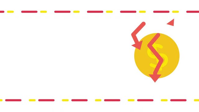 4k video of cartoon dollar and arrow down on white background.