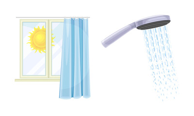 Window with Bright Shining Morning Sun and Shower Head with Water Dripping Vector Set