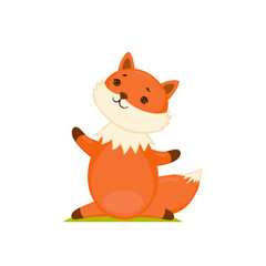 Cute red fox does yoga exercise. Isolated illustration on white background. Kids print design.