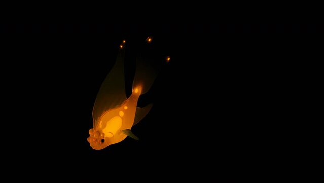 Dark background. Design.A large orange fish in 3d format with transparent fins swims in a chaotic manner.