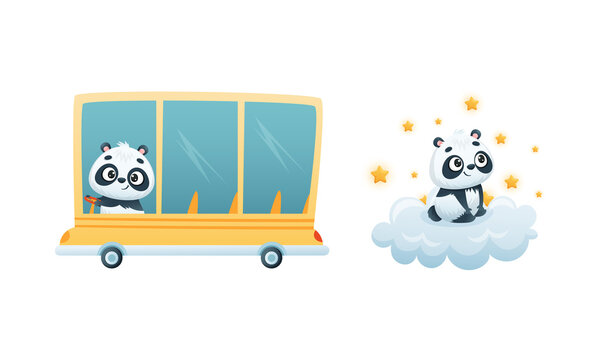 Cute Baby Panda Character Driving Bus and Watching Stars on Fluffy Cloud Vector Set