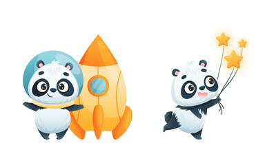 Fototapeta premium Cute Baby Panda Character in Space Helmet with Rocket and Carrying Stars by String Vector Set