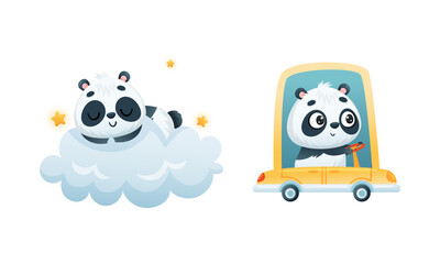 Cute Baby Panda Character Driving Car and Sleeping on Fluffy Cloud Vector Set