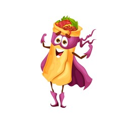 Cartoon Mexican burrito superhero character, funny fast food defender, vector kids personage. Mexican cuisine burrito wrap as super hero or guardian and rescue ranger in purple mask and power cape