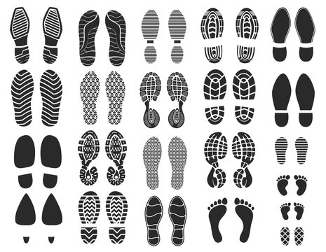 Shoe footprints, foot prints of sole and boot steps, vector silhouettes. Shoe footprint tracks or human feet sole or boots imprints and barefoot footsteps, marks or sneakers and flip-flop sandals