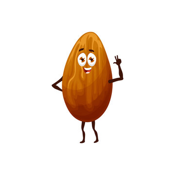 Happy almond nut character, cheerful cartoon vector kernel with funny smiling face waving hand. Isolated plant personage kids menu. Almond seed positive emotions, rejoice, natural vitamin food