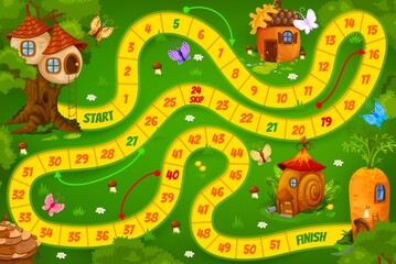 Obraz na płótnie Canvas Kids board game. Nest, snail, acorn and carrot cartoon houses. Children riddle book vector page, boardgame or child puzzle game with dice rolling activity and fantasy houses, fairy dugout or elf hut