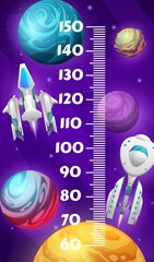 Fototapeta na wymiar Kids height chart ruler, cartoon space planets, starship and star craft, vector measure meter scale with galactic rocket shuttles and cosmic spaceships in space, planets and asteroids