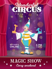 Chapiteau circus poster with cartoon clown on stage. Big top circus show, balloon sculpture artist performance vector banner, poster with comedian, jester or mime character illuminated with spotlights