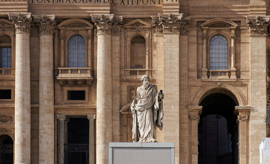 Front view of renaissance sculpture of Apostle Paul with a sword in front of the St Peter's...
