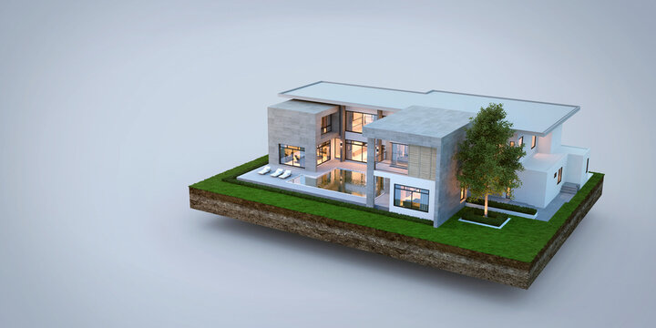 Luxury modern house on earth isolated on white background,Concept for real estate or property.3d rendering