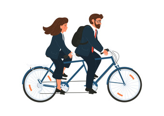 Obraz na płótnie Canvas Woman and man business team on twin bicycle. Businesswoman and businessman cycling tandem in formal clothes. 