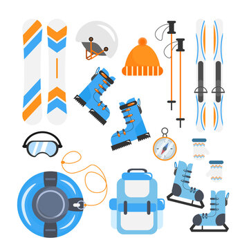 Set of equipment skiers in cartoon style. Vector illustration of bag, skis, snowboard, helmet, hat, gloves, compass, goggles, ice drifts, skates on white background.