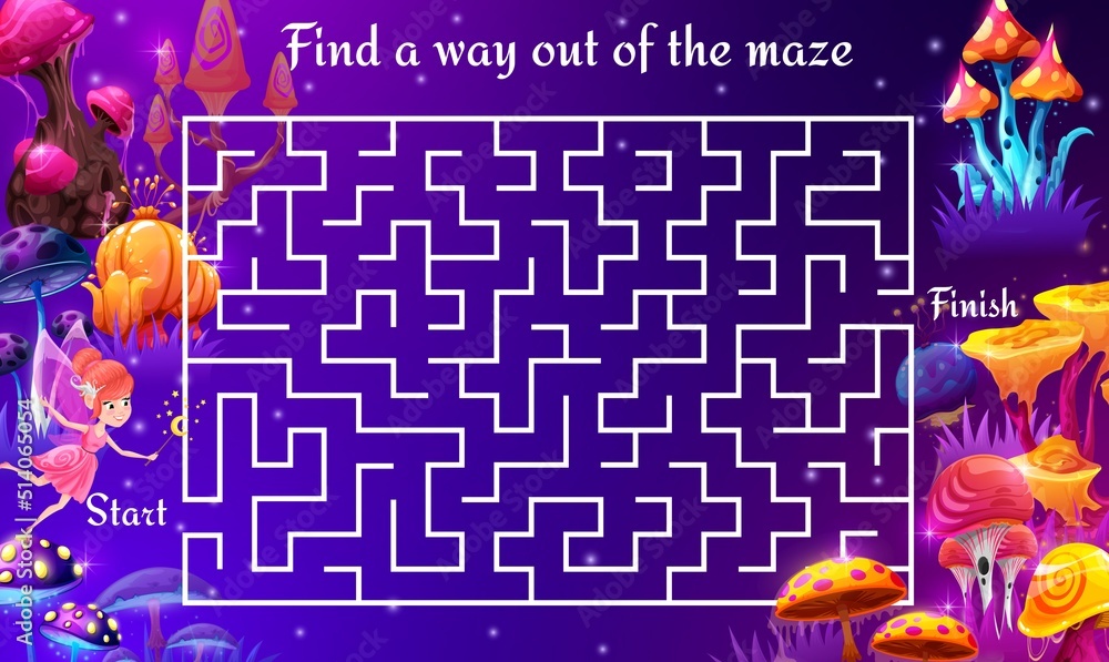 Aufkleber Magic mushrooms forest. Labyrinth maze game. Help to find a way for fairy. Child quiz, kids puzzle game or riddle vector worksheet with search way activity and forest fairy, fantasy luminous mushrooms