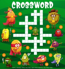 Superhero fruits crossword puzzle game grid. Children word puzzle logical riddle, quiz vector worksheet with cartoon grape, papaya and durian, carambola, melon and pear, figs and lychee characters