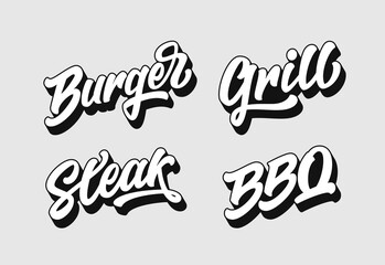 Set of isolated vectors – Burger, Steak, Grill, BBQ. Hand drawn lettering typography, text design element for label, logo, emblem, menu, sticker, badge. Concept for meat restaurant, barbecue bar.