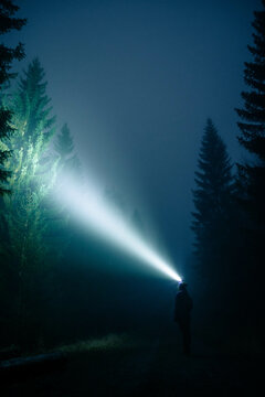 Woman With Torches In The Dark Forest During The Night