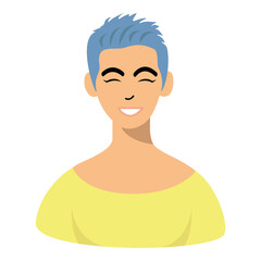 Positive woman with short blue hair and yellow dress in support of Ukraine.