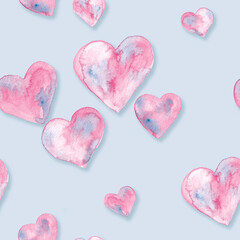 Pink with blue hearts watercolor painting - seamless pattern on light blue background