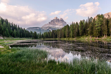 Mountain reflection in Lake Antorno in the Dolomites just above lago di Misurina