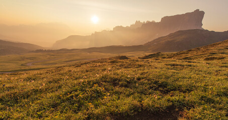 Mountain Panorama of the Dolomites as viewed from passo di Giau (as viewed from the mountain pass Giau). Photograph was taken just after the sunrise from the top of the pass.