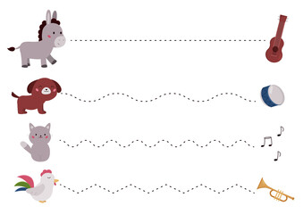 Handwriting practice sheet with Bremen Town Musicians cartoon characters. Educational game for kids. Trace the dotted lines. Connect the dots from animals to their musical instruments.