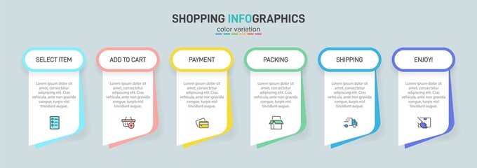 Concept of shopping process with 6 successive steps. Six colorful graphic elements. Timeline design for brochure, presentation, web site. Infographic design layout.