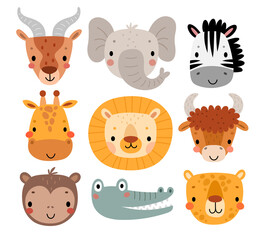 Cute Africa animals - elephant, zebra, lion, monkey, crocodile, cheetah, leopard, yak, antelope. Childish characters for your design.
