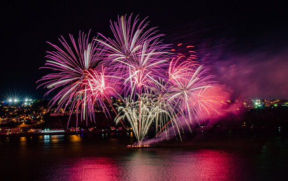 Loto Québec Fireworks Over The St Lawrence River In Quebec City, Canada