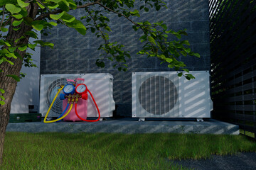 two air conditioners and pressure gauges in the backyard next to a tree 3d