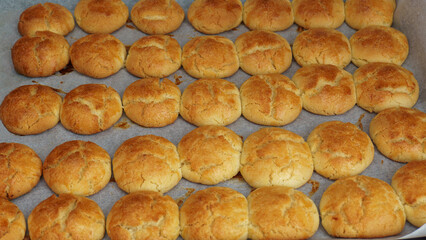 Top view of baked cookies on tray Selective focus.
