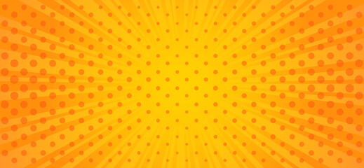 Rectangular orange background with yellow rays and dots.